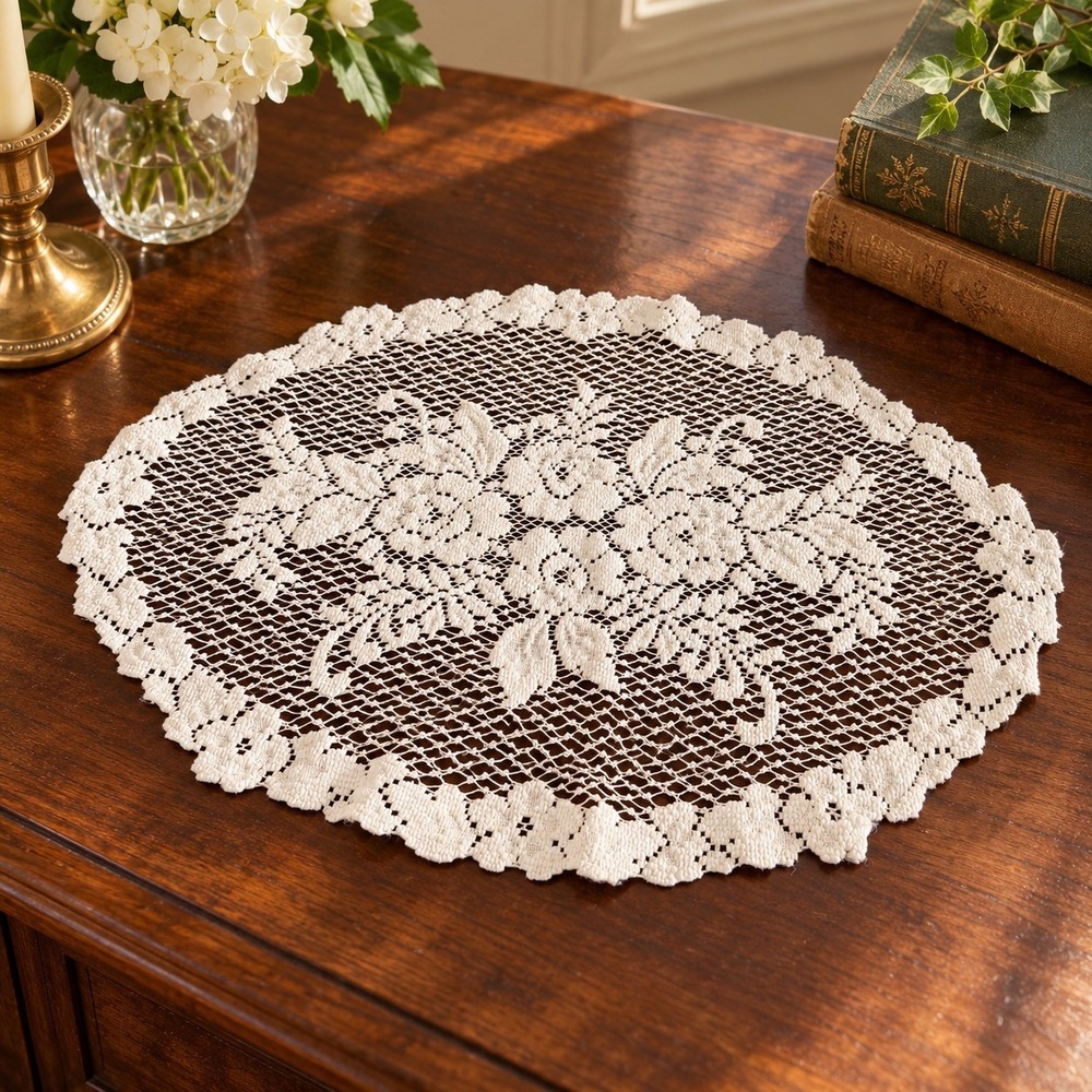Vintage Lace Doily Oval 18x13 White Floral Rose Pattern Cottagecore Decor